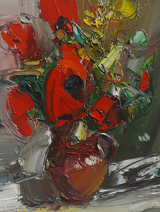 Still life - red poppies, 24x30cm, oil painting, palette knife