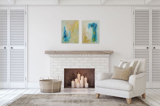 Large Abstract Painting. Modern Blue and Gold Diptych Art. 61 x 91 cm