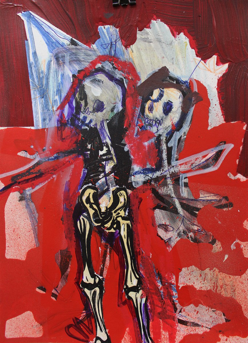 Expressive Portrait Acrylic Painting By Milos Hronec, 8 X 11", Human Bones, Original Artwork