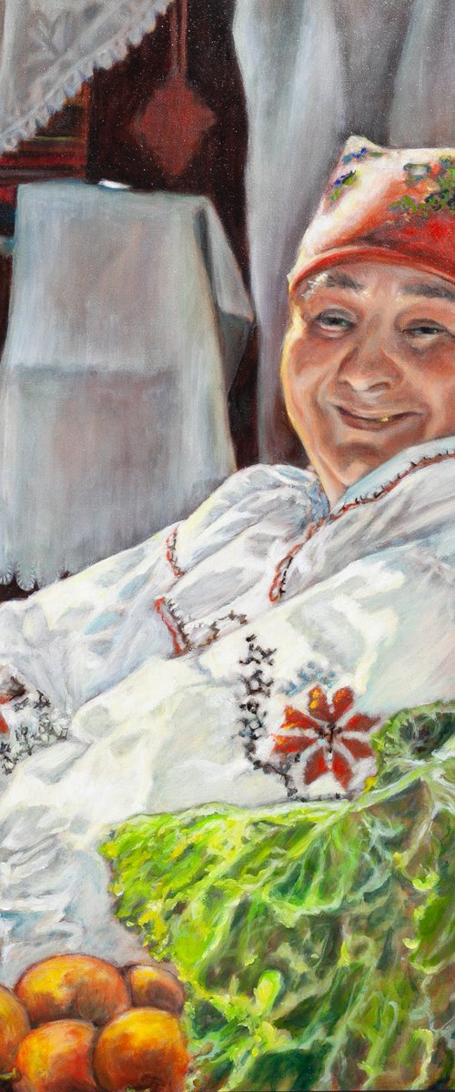 Cheerful Market Seller - original painting woman portrait folk by Liudmila Pisliakova