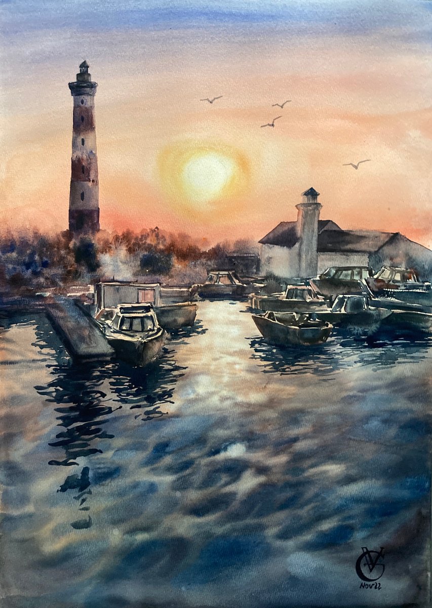 Impressionistic Landscape Watercolour By Valeria Golovenkina, 15 X 22", Love. Sunset In The Port, Original Artwork