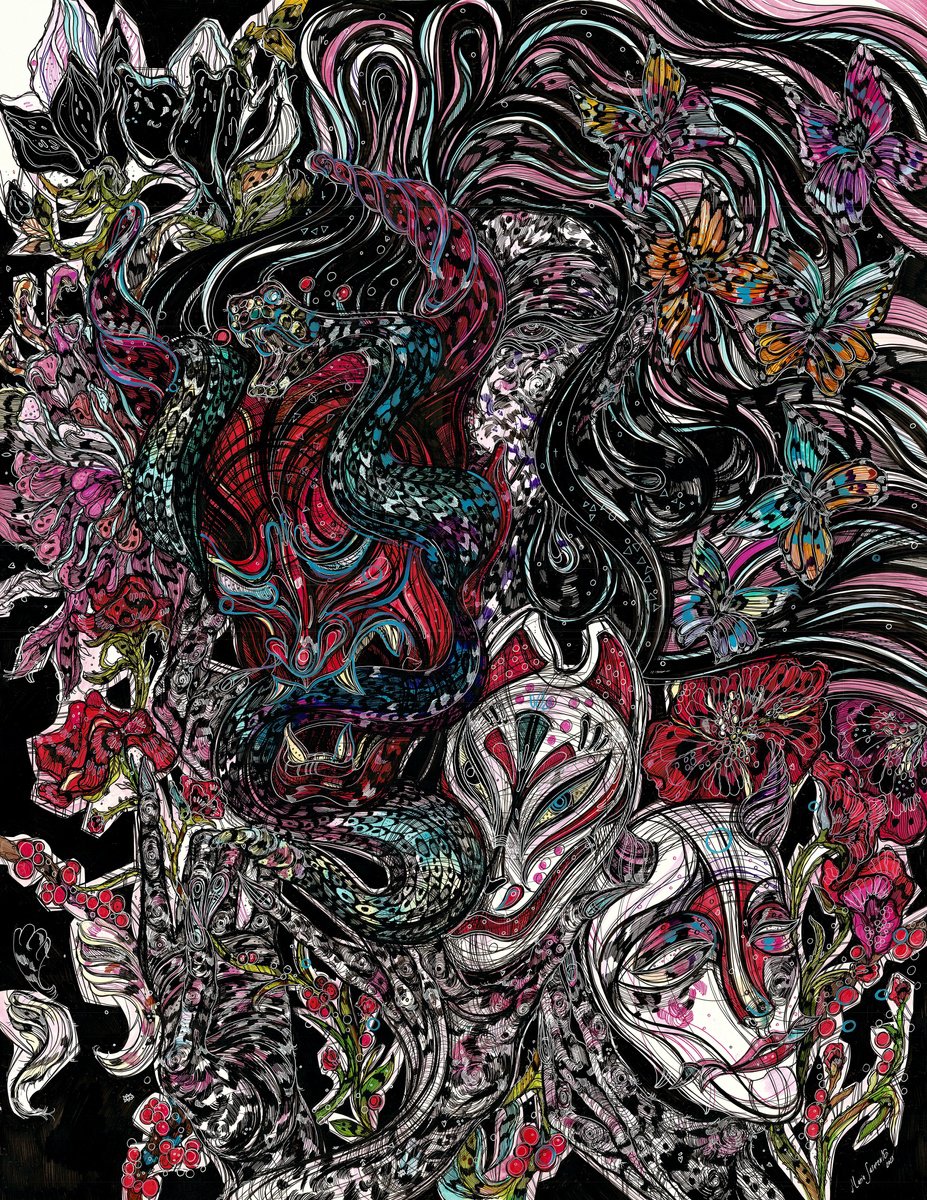 Impressionistic Animal Painting By Maria Susarenko, 30 X 37", Samurai Mask, Original Artwork