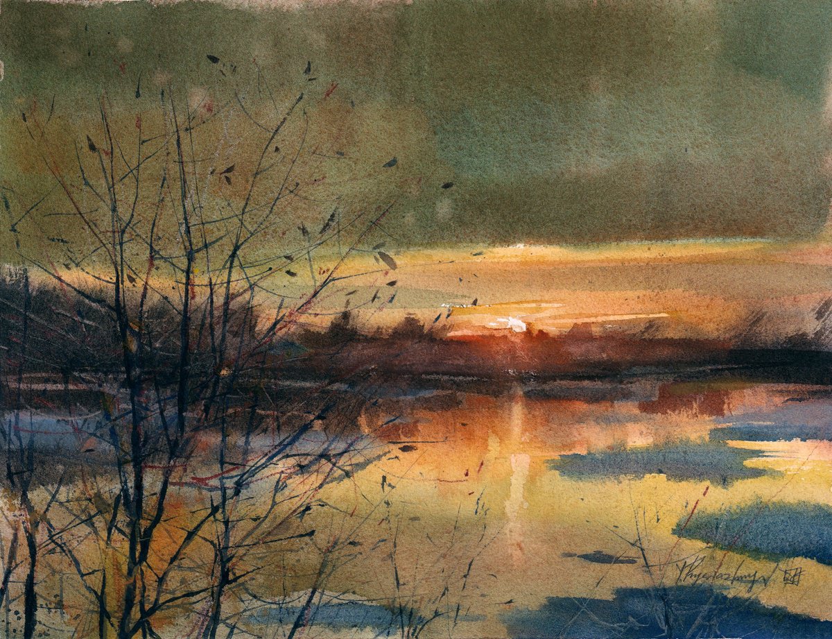 Impressionistic Landscape Watercolour By Yurii Prysiazhnyi, 13 X 10", Afterglow, Original Artwork