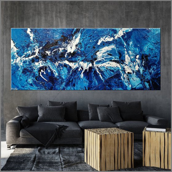 Molten Blue 240cm x 100cm Blue White Abstract Art