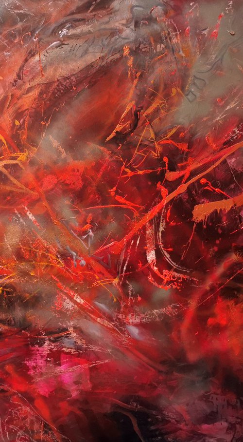 Large scale 170x130 cm stunning energy intense red colors fantastic painting flying dreams by O KLOSKA by Kloska Ovidiu