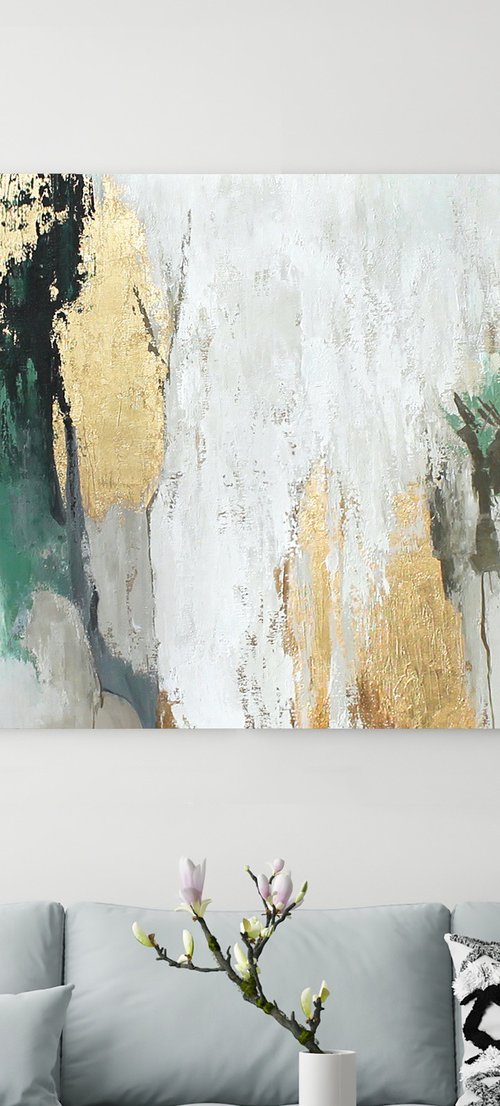 "Green Avalanche" Green gold abstract art by Yana Sagan