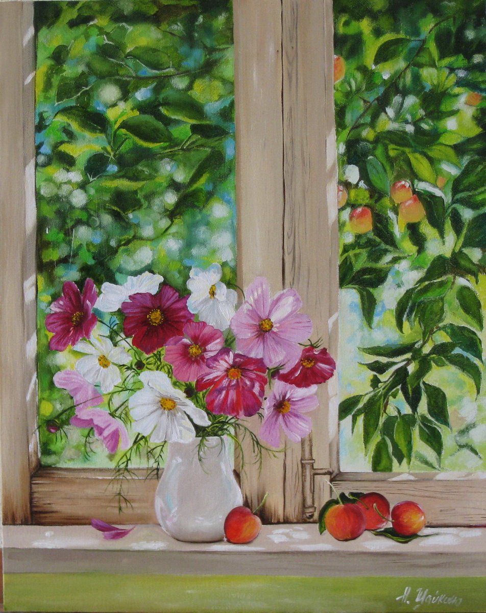 Impressionistic Still Life Oil Painting By Natalia Shaykina, 16 X 20", Pink Cosmos Flowers, Original Artwork