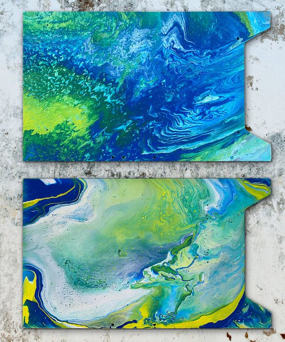 "Not Gonna Water It Down Anymore" - Original Diptych, Abstract PMS Acrylic Paintings Series on Irregularly Shaped Wooden Panels - 30" x 36"