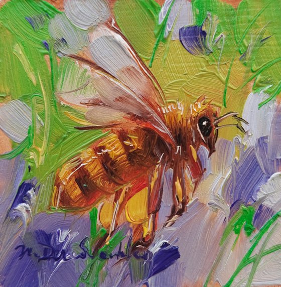 Bumblebee art oil painting original 2x2, Bee artwork green pink in gold blue frame, Honey bee wall art tiny, Dad gift