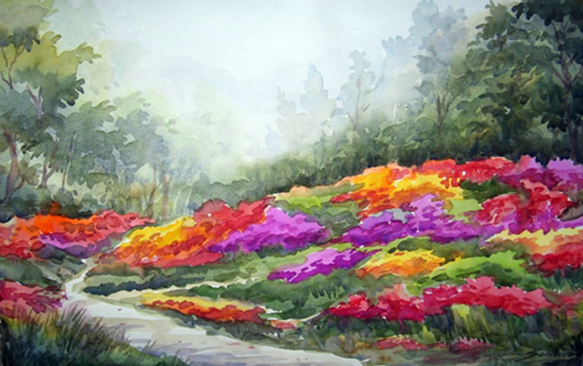 Flowers Garden & Forest-Watercolor on Paper Painting by Samiran Sarkar