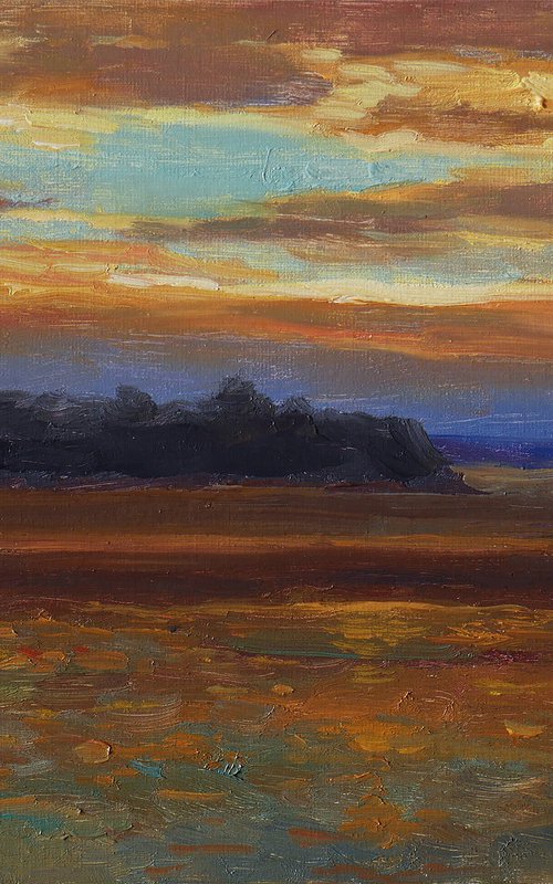 The Golden Sunset - original sunny landscape, painting by Nikolay Dmitriev