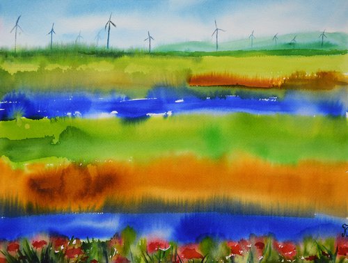 Landscape Watercolor Painting, Abstract Field Original Wall Art, Austrian Countryside Artwork by Kate Grishakova