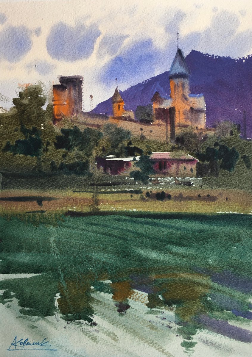 Impressionistic Landscape Watercolour By Andrii Kovalyk, 10 X 14, Ananuri Fortress. Georgia, Original Artwork
