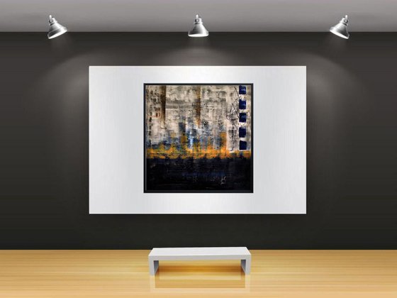 Golden Reflections  - abstract acrylic painting, canvas wall art, blue grey, framed modern art