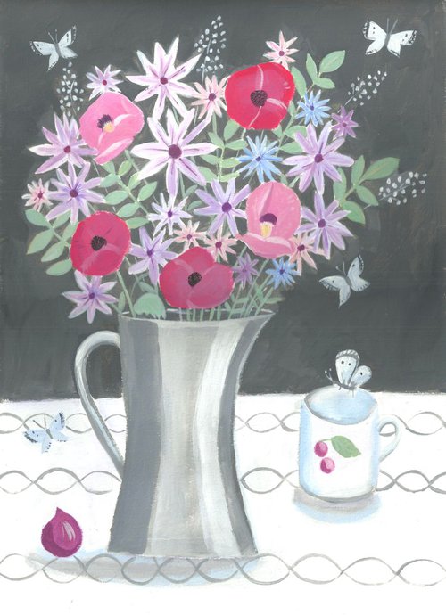 Flowers in a pewter jug by Mary Stubberfield