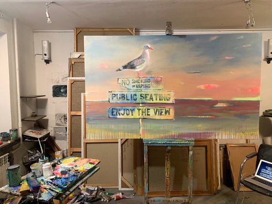 XXL Super Big Painting - "ENJOY THE VIEW" - Pop Art - Seascape - California - Bird - Seagull