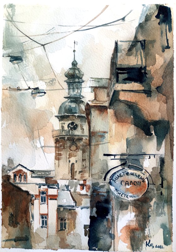 "Street in Lviv" - City scene in monochrome colors - Original watercolor painting
