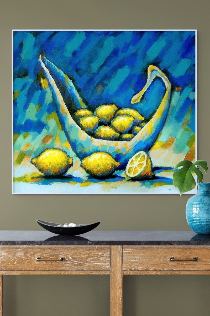 Lemons On Blue Background By Evgen Semenyuk, 31 X 28, Artwork For Sale On Artfinder