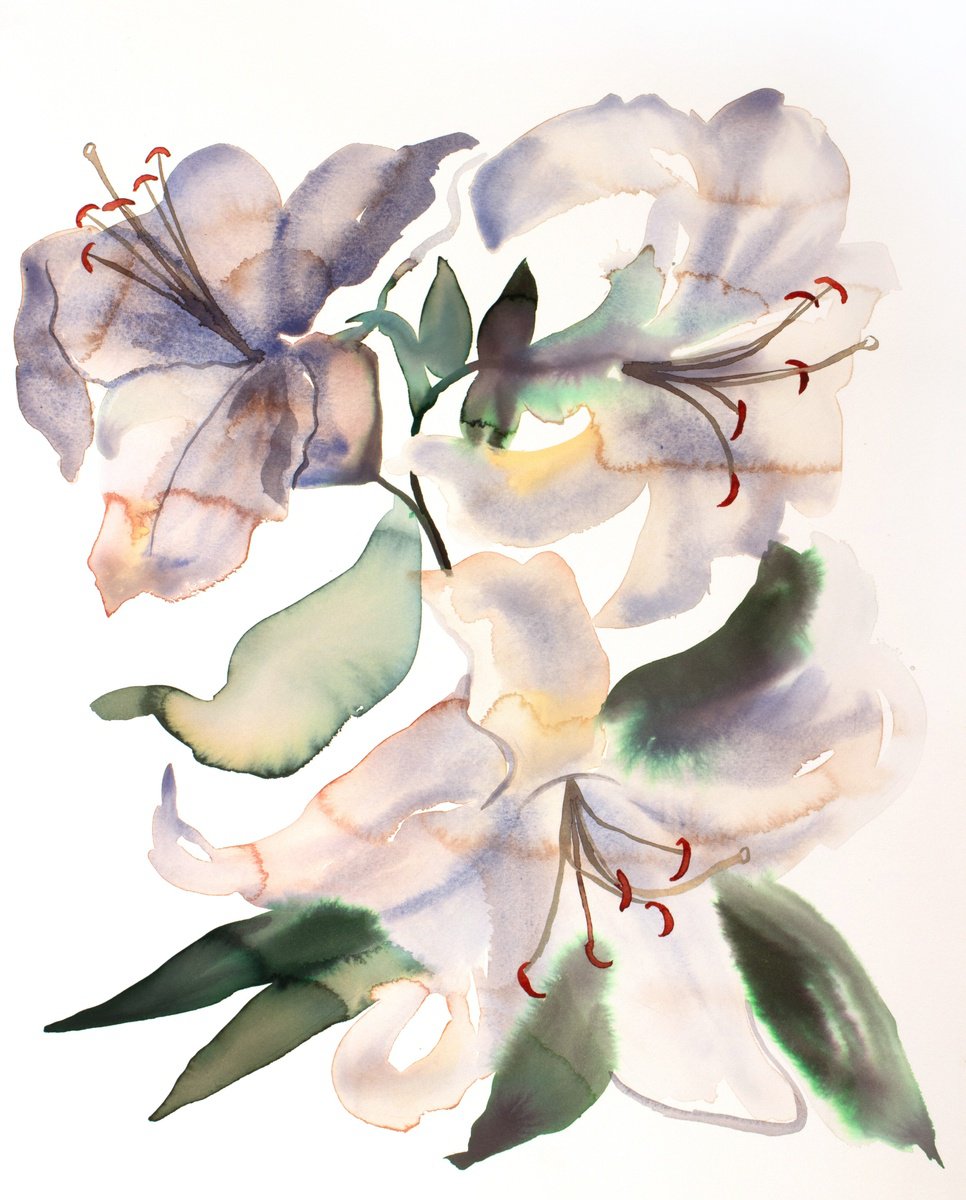 Expressive Botanical Watercolour By Elizabeth Becker, 16 X 20, Lilies No. 4, Original Artwork
