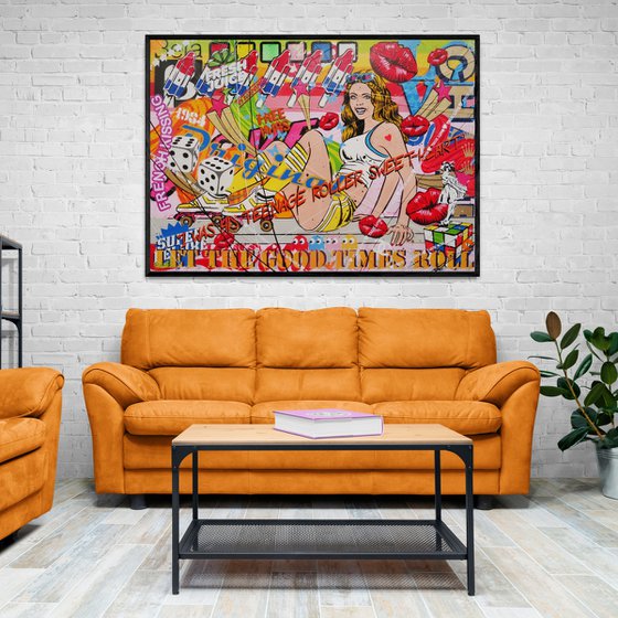 Let The Good Times Roll 140cm x 100cm Roller Skate Girl Textured Urban Pop Art