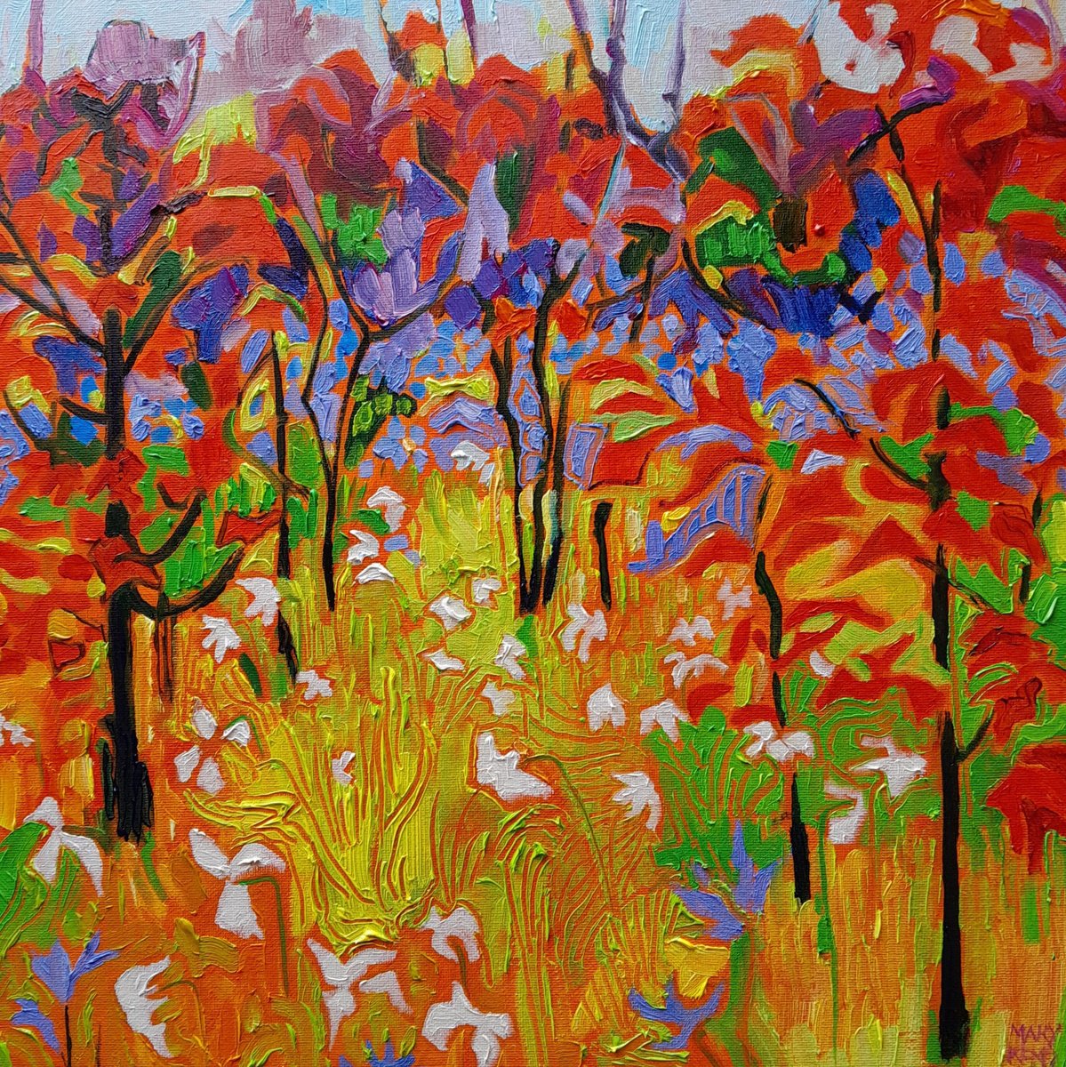 Impressionistic Landscape Oil Painting By Mary Kemp, 12 X 12", Loud Spring, Norfolk Garden, Original Artwork