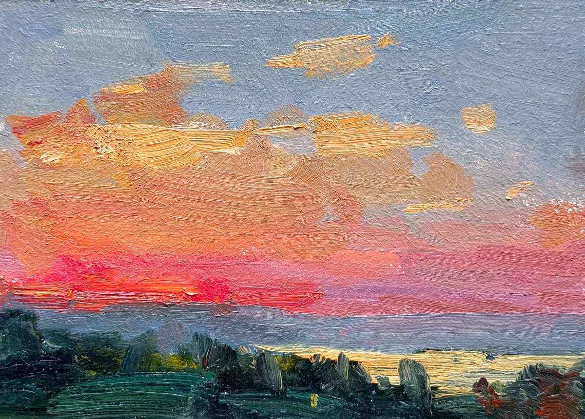 Impressionistic Landscape Oil Painting By Nataliia Nosyk, 7 X 5", Fiery Sunset, Original Artwork