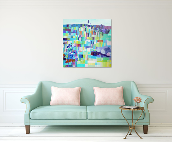Patchwork landscape (large contemporary semi abstract painting, ready to hang abstract landscape)