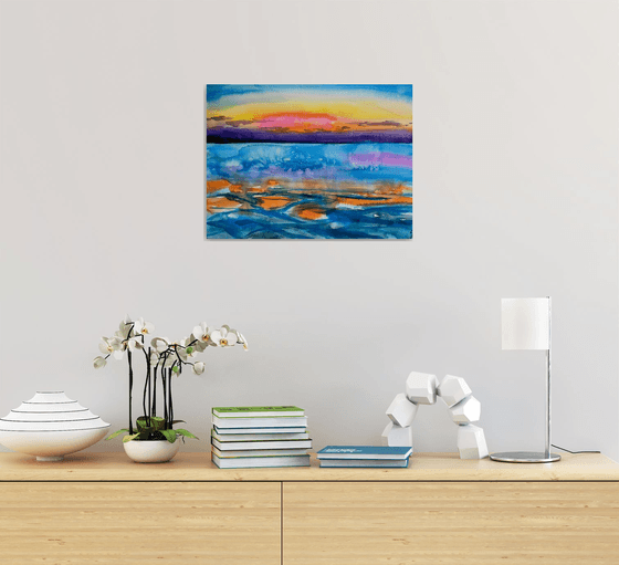 Seascape Watercolor Painting, Sea Ocean Wall Art, Sunset Large Original Painting, Coastal Home Decor
