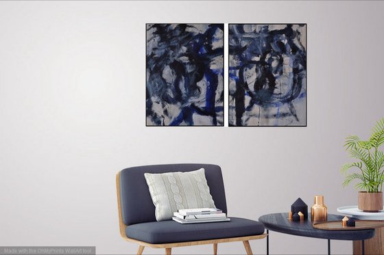 Interloop -  large gestural acrylic abstract Diptych in blue and white