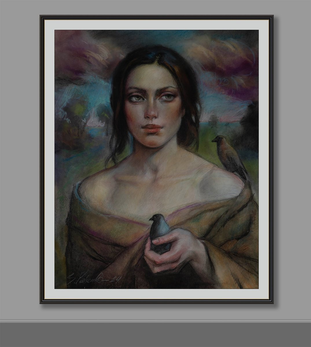 Illustrative Portrait Pastel Drawing By Sergei Yatsenko, 22 X 27", Bird