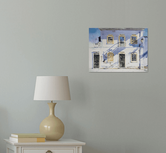 Winter Shadows. Faro, Portugal. Small original painting minimalistic impressionism light shadow interior decor detail summer bright white