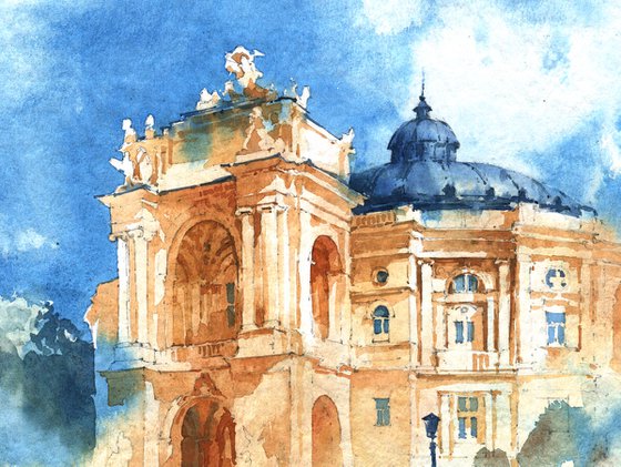 Architectural landscape "Opera theater in Odessa, Ukraine" - Original watercolor painting