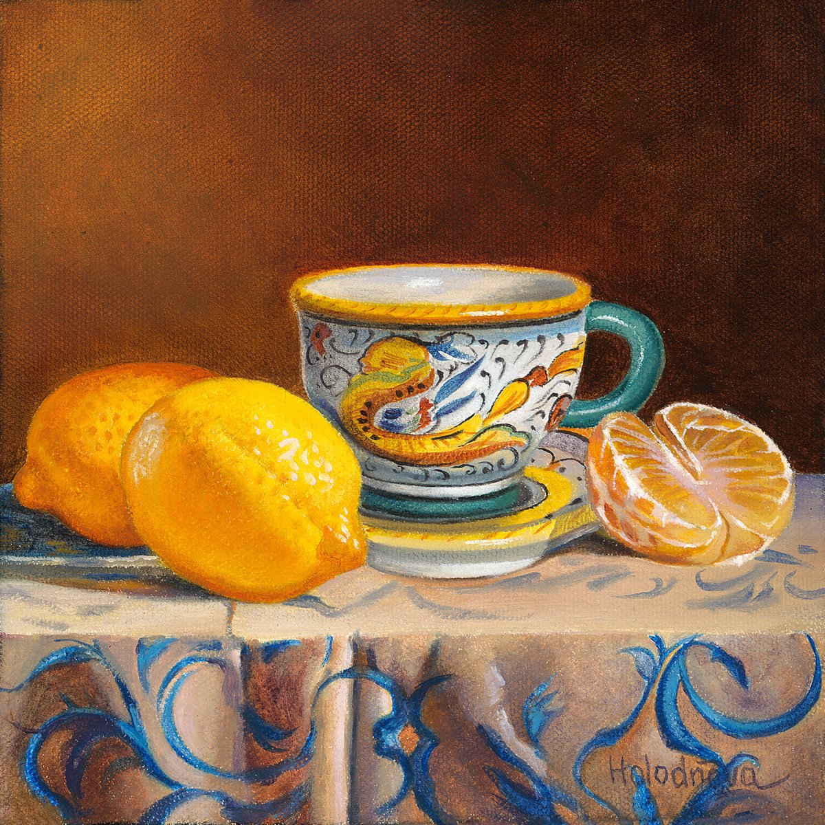 Photorealistic Still Life Oil Painting By Tatyana Holodnova, 8 X 8", Italian Cup With Lemons, Original Artwork