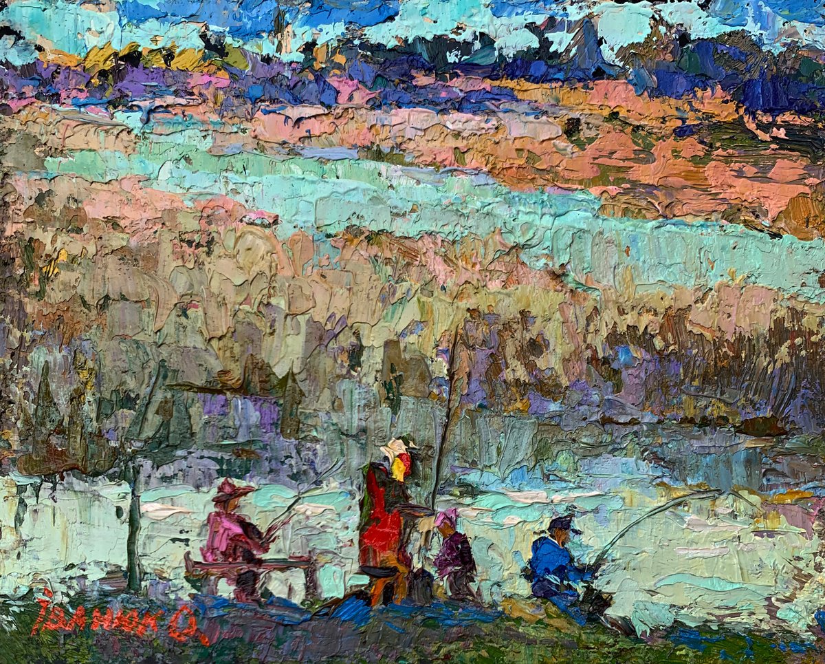Impressionistic Landscape Oil Painting By Kalenyuk Alex, 10 X 8", Fishing With Friends, Original Artwork