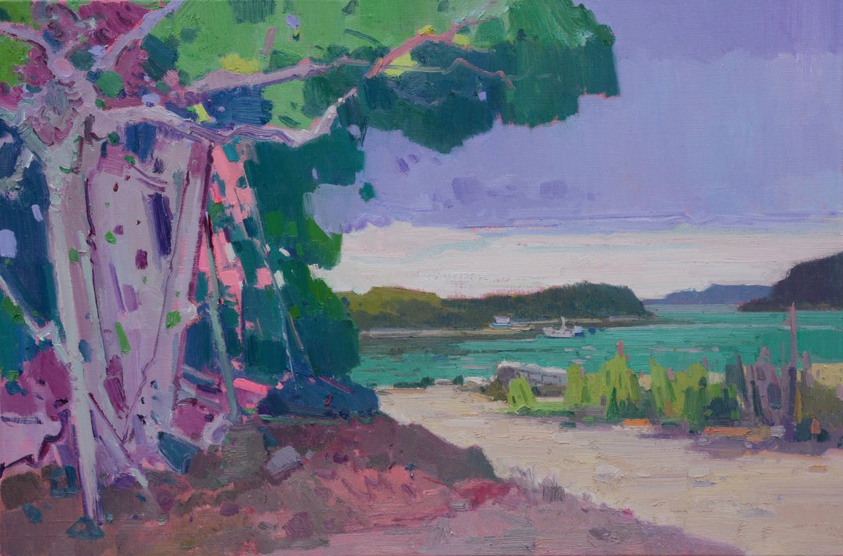 Impressionistic Landscape Oil Painting By Jianzhe Chon, 35 X 24, Big Trees 142, Original Artwork