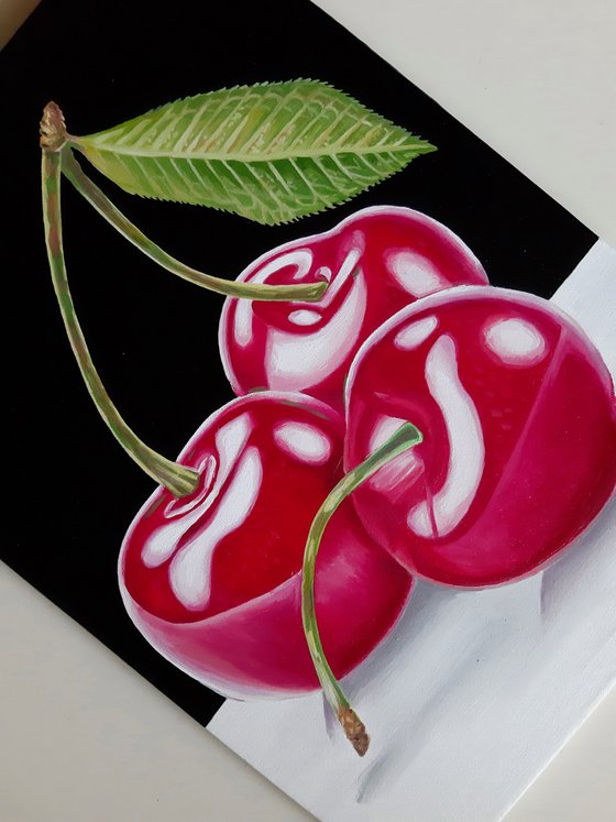 Juicy cherries - original oil painting, realism, painting on canvas, still  life, black background, cherry, minimalism Oil painting by Lidiia  Mishchenko | Artfinder