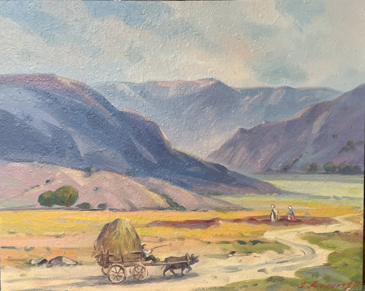 Impressionistic Landscape Oil Painting By Samvel Atasunc, 20 X 16", Harvesting Day, Original Artwork