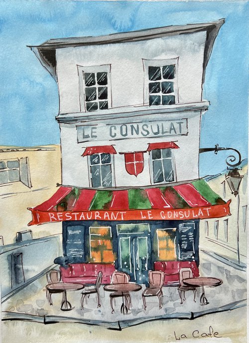 Watercolor sketch, cafe in Paris on Montmartre. Original artwork. by Evgeniya Mokeeva