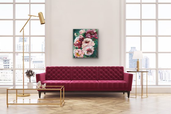 PEONIES ON EMERALD- original painting on canvas floral