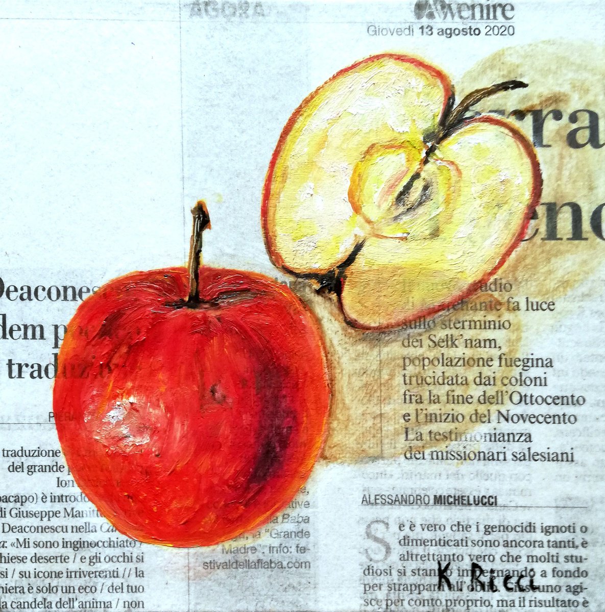 Apple on Newspaper Original Oil on Canvas Board Painting 6 by 6 inches (15x15 cm) by Katia Ricci