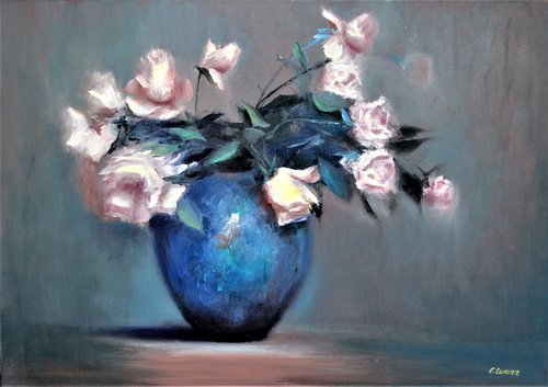 Roses in a blue vase by Elena Lukina