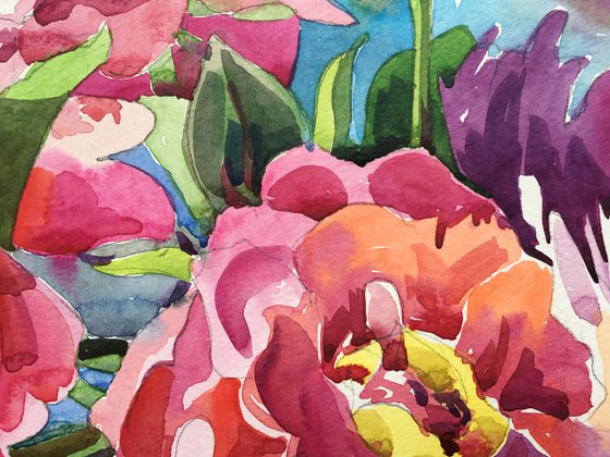 Pink and red watercolor peonies