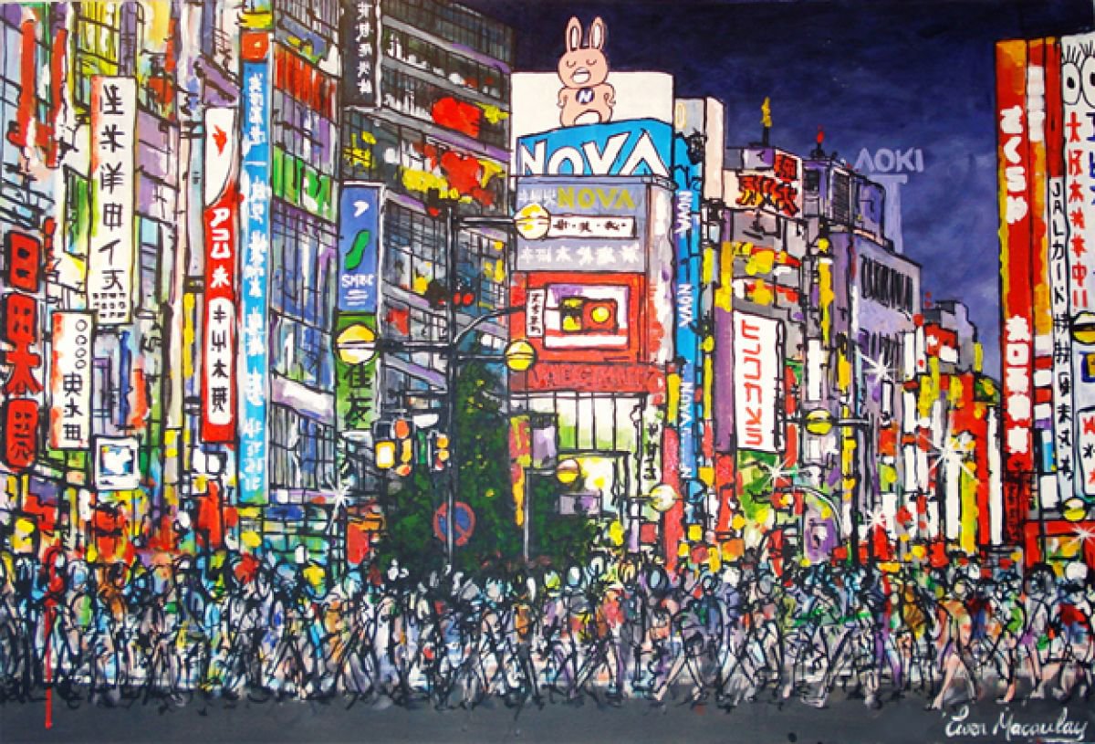 Impressionistic Cityscapes Painting By Ewen Macaulay, 36 X 24, Tokyo, Original Artwork