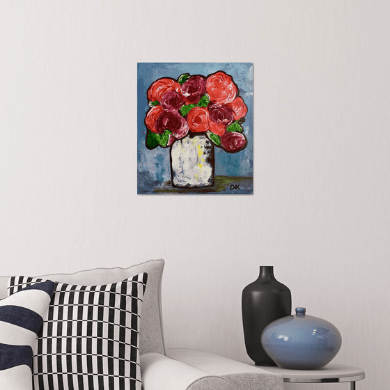 BOUQUET OF Red Bordo  Roses  #11 palette  knife Original Acrylic painting office home decor gift