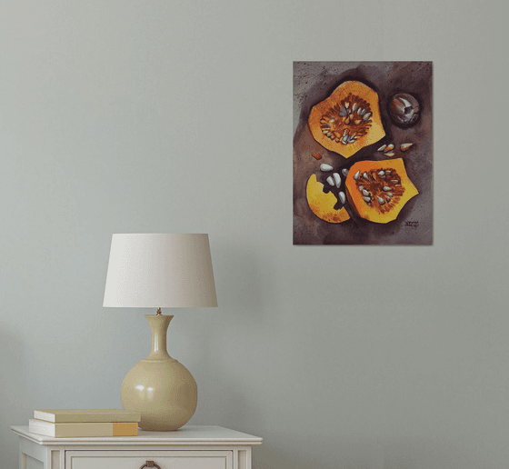 Pumpkin soup. Pumpkins, autumn still life. Home decor