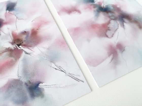 Floral diptych with soft pink and blue abstract flowers