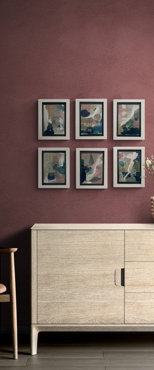 Together, set of 6 framed abstracts by Emma Sian Pritchard