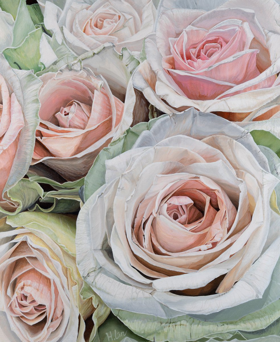 Photorealistic Botanical Acrylic Painting By Hsin Lin, 20 X 24, Frutteto Rose, Original Artwork