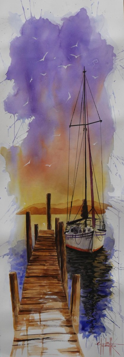 At the old bridge 2023 Watercolor on paper 100X35 by Eugene Gorbachenko
