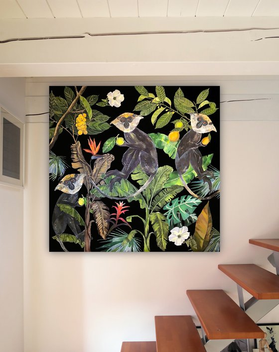 Jungle Heart Beat  - Black Monkeys - Art-Deco - Organic Floral, XL LARGE PAINTING